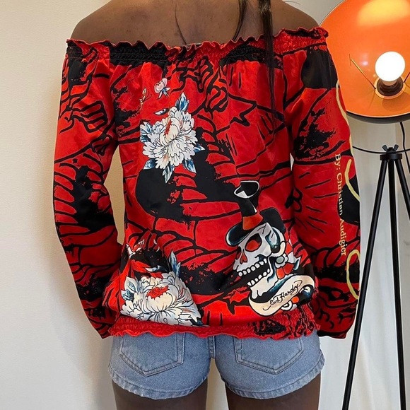 Silk red off the shoulder top by Ed Hardy. - Picture 4 of 4
